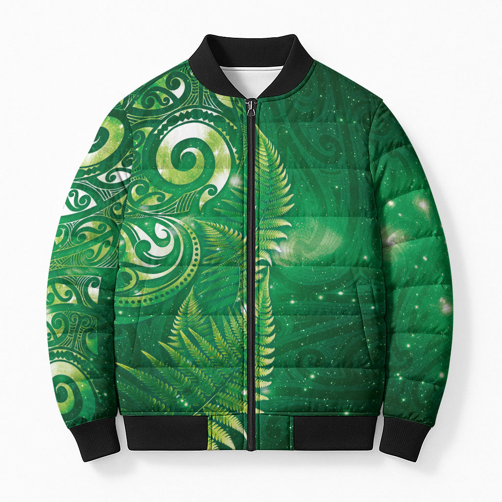 Aotearoa New Zealand New Year Bomber Puffer Jacket Tribal Koru Tattoo Green Galaxy Maori Silver Fern LT03 Unisex Green - Polynesian Pride