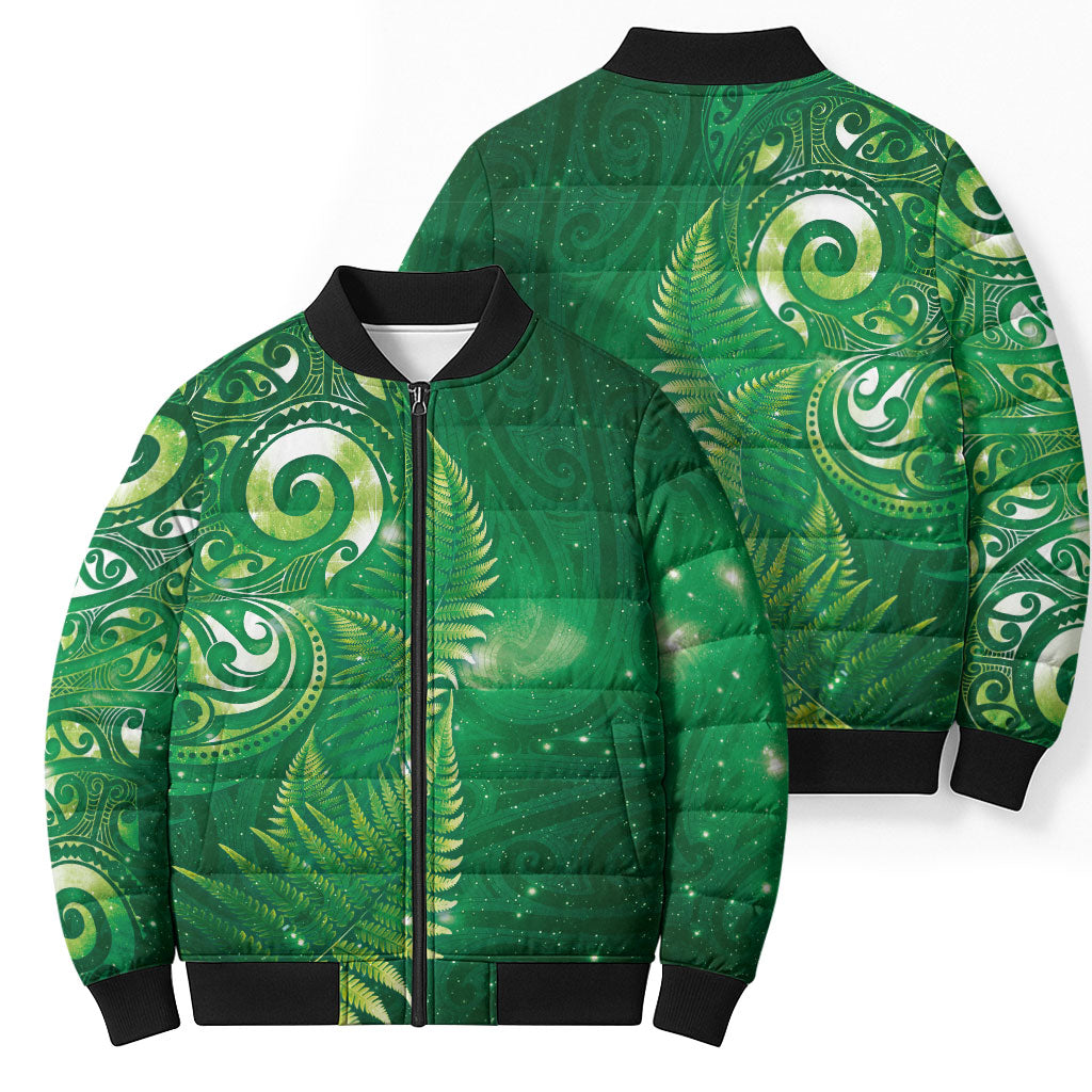 Aotearoa New Zealand New Year Bomber Puffer Jacket Tribal Koru Tattoo Green Galaxy Maori Silver Fern LT03 - Polynesian Pride