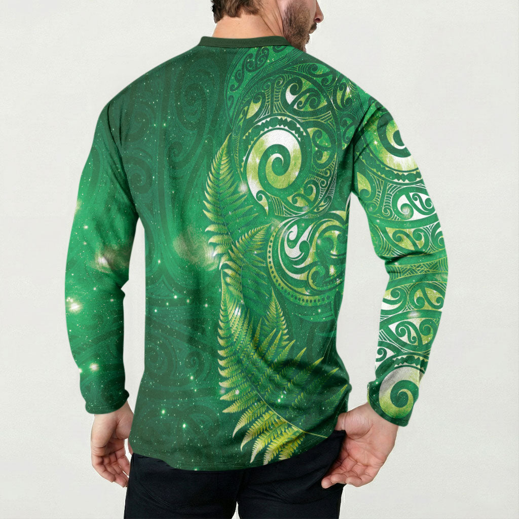 Aotearoa New Zealand New Year Button Sweatshirt Tribal Koru Tattoo Green Galaxy Maori Silver Fern LT03 - Polynesian Pride