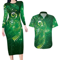Aotearoa New Zealand New Year Couples Matching Long Sleeve Bodycon Dress and Hawaiian Shirt Tribal Koru Tattoo Green Galaxy Maori Silver Fern LT03 Green - Polynesian Pride
