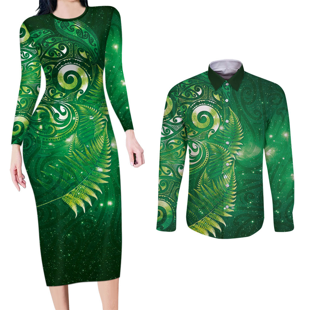 Aotearoa New Zealand New Year Couples Matching Long Sleeve Bodycon Dress and Long Sleeve Button Shirt Tribal Koru Tattoo Green Galaxy Maori Silver Fern LT03 Green - Polynesian Pride