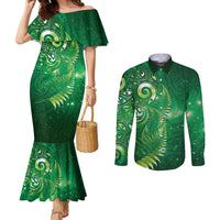 Aotearoa New Zealand New Year Couples Matching Mermaid Dress and Long Sleeve Button Shirt Tribal Koru Tattoo Green Galaxy Maori Silver Fern LT03 Green - Polynesian Pride