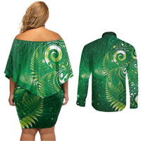 Aotearoa New Zealand New Year Couples Matching Off Shoulder Short Dress and Long Sleeve Button Shirt Tribal Koru Tattoo Green Galaxy Maori Silver Fern LT03 - Polynesian Pride