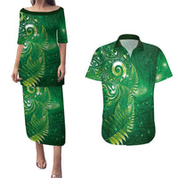 Aotearoa New Zealand New Year Couples Matching Puletasi and Hawaiian Shirt Tribal Koru Tattoo Green Galaxy Maori Silver Fern LT03 Green - Polynesian Pride