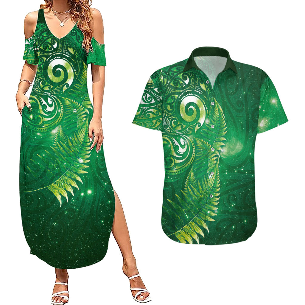 Aotearoa New Zealand New Year Couples Matching Summer Maxi Dress and Hawaiian Shirt Tribal Koru Tattoo Green Galaxy Maori Silver Fern