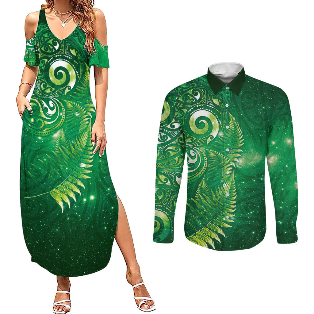 Aotearoa New Zealand New Year Couples Matching Summer Maxi Dress and Long Sleeve Button Shirt Tribal Koru Tattoo Green Galaxy Maori Silver Fern