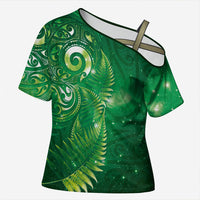 Aotearoa New Zealand New Year Cross Shoulder Shirt Tribal Koru Tattoo Green Galaxy Maori Silver Fern