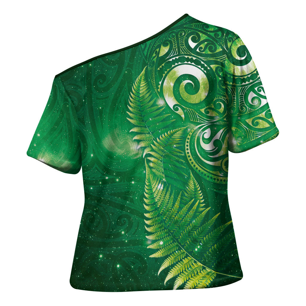 Aotearoa New Zealand New Year Cross Shoulder Shirt Tribal Koru Tattoo Green Galaxy Maori Silver Fern