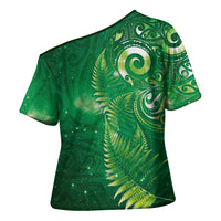 Aotearoa New Zealand New Year Cross Shoulder Shirt Tribal Koru Tattoo Green Galaxy Maori Silver Fern