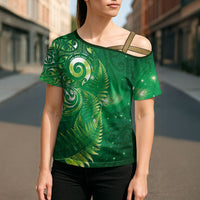 Aotearoa New Zealand New Year Cross Shoulder Shirt Tribal Koru Tattoo Green Galaxy Maori Silver Fern