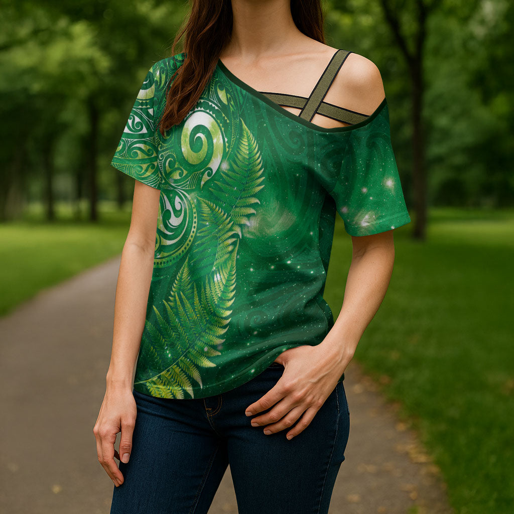 Aotearoa New Zealand New Year Cross Shoulder Shirt Tribal Koru Tattoo Green Galaxy Maori Silver Fern