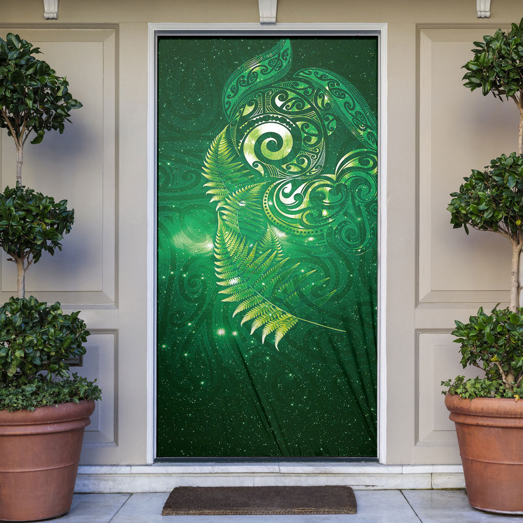 Aotearoa New Zealand New Year Door Cover Tribal Koru Tattoo Green Galaxy Maori Silver Fern