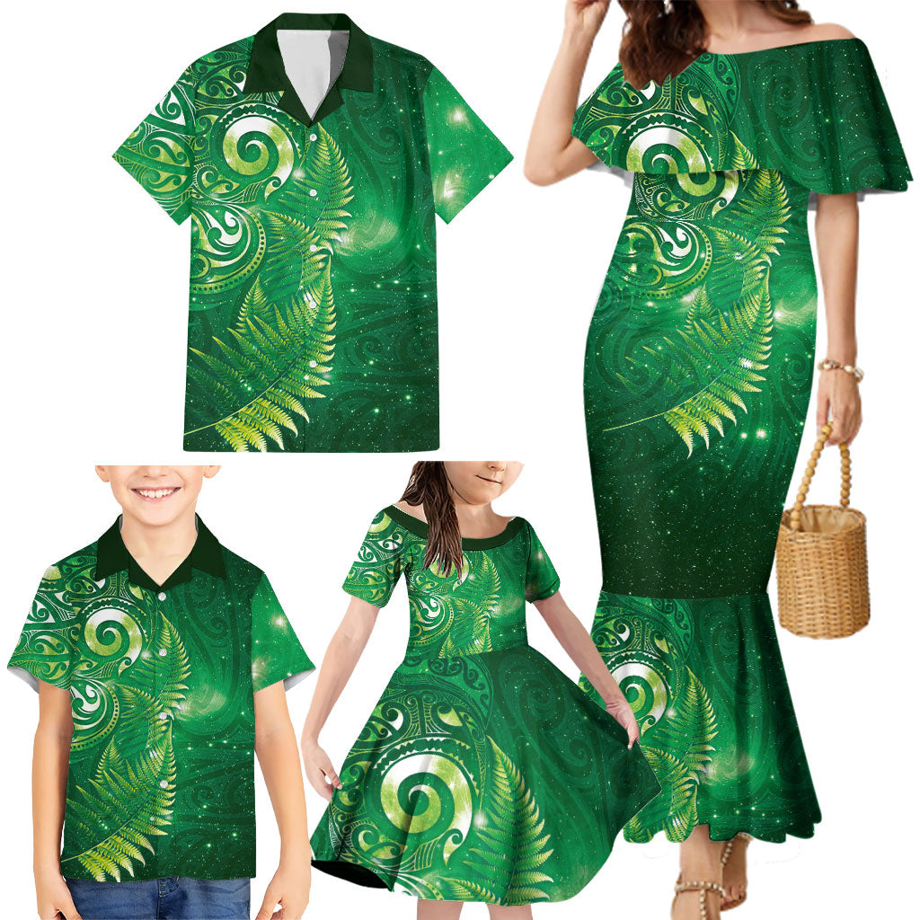 Aotearoa New Zealand New Year Family Matching Mermaid Dress and Hawaiian Shirt Tribal Koru Tattoo Green Galaxy Maori Silver Fern LT03 - Polynesian Pride