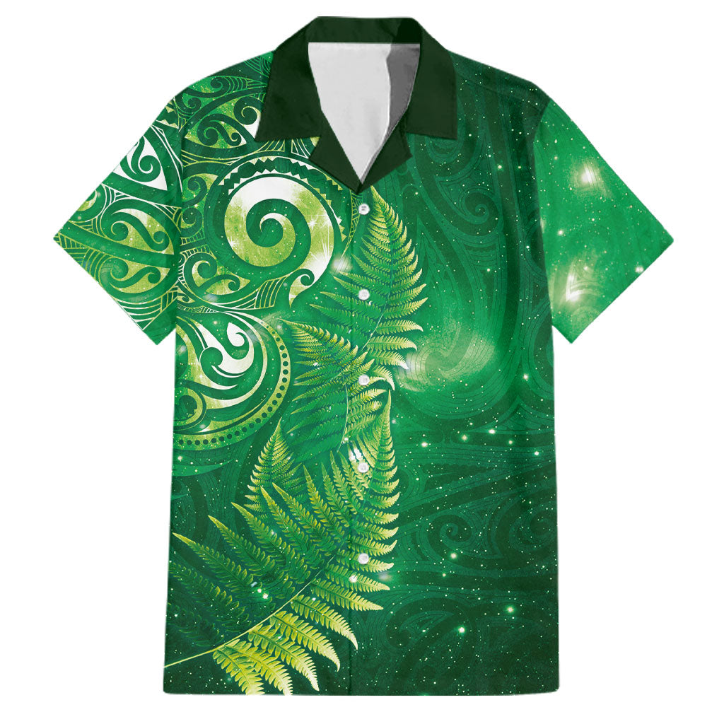 Aotearoa New Zealand New Year Family Matching Mermaid Dress and Hawaiian Shirt Tribal Koru Tattoo Green Galaxy Maori Silver Fern LT03 Dad's Shirt - Short Sleeve Green - Polynesian Pride