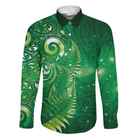 Aotearoa New Zealand New Year Family Matching Off The Shoulder Long Sleeve Dress and Hawaiian Shirt Tribal Koru Tattoo Green Galaxy Maori Silver Fern LT03 Dad's Shirt - Long Sleeve Green - Polynesian Pride