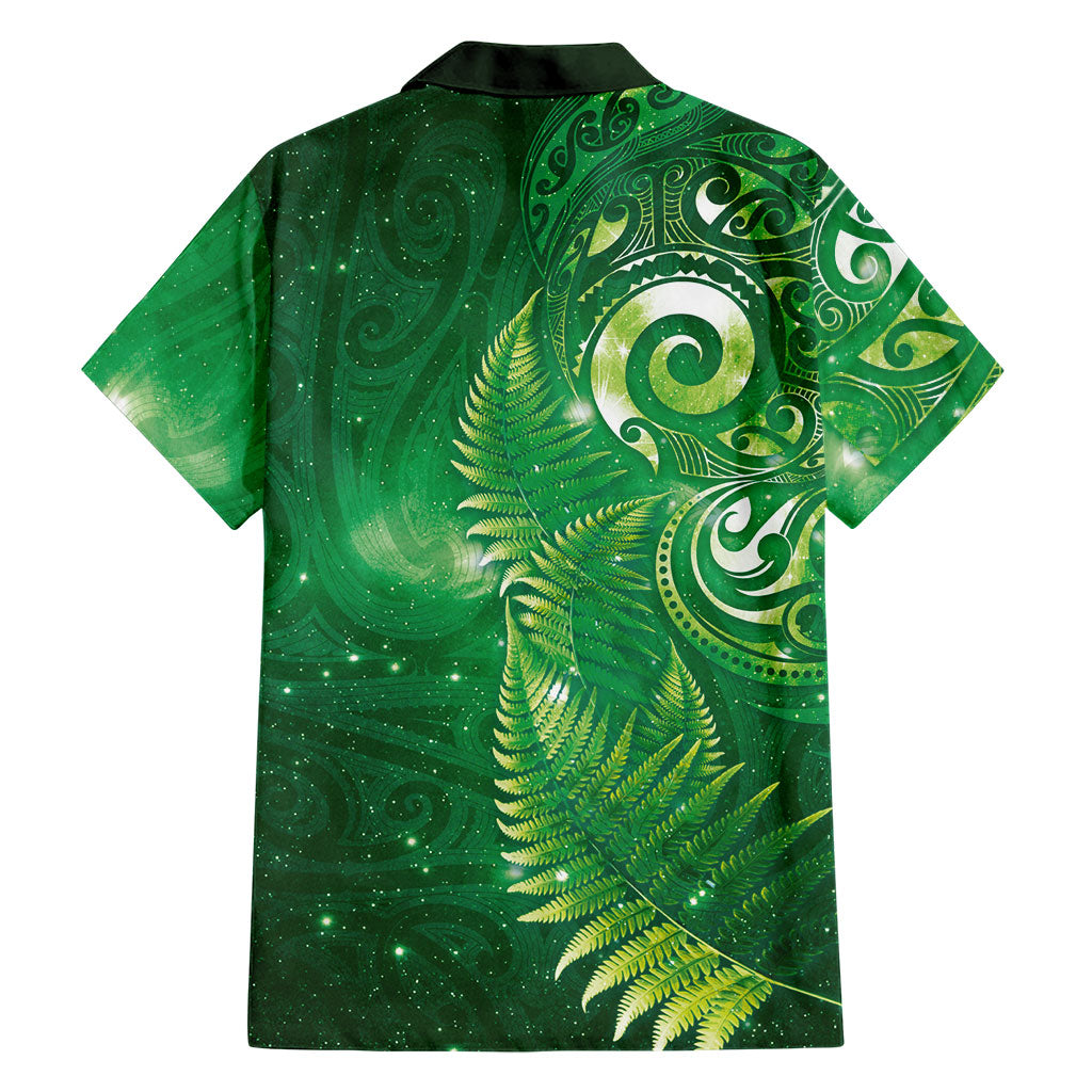 Aotearoa New Zealand New Year Family Matching Off Shoulder Short Dress and Hawaiian Shirt Tribal Koru Tattoo Green Galaxy Maori Silver Fern LT03 - Polynesian Pride