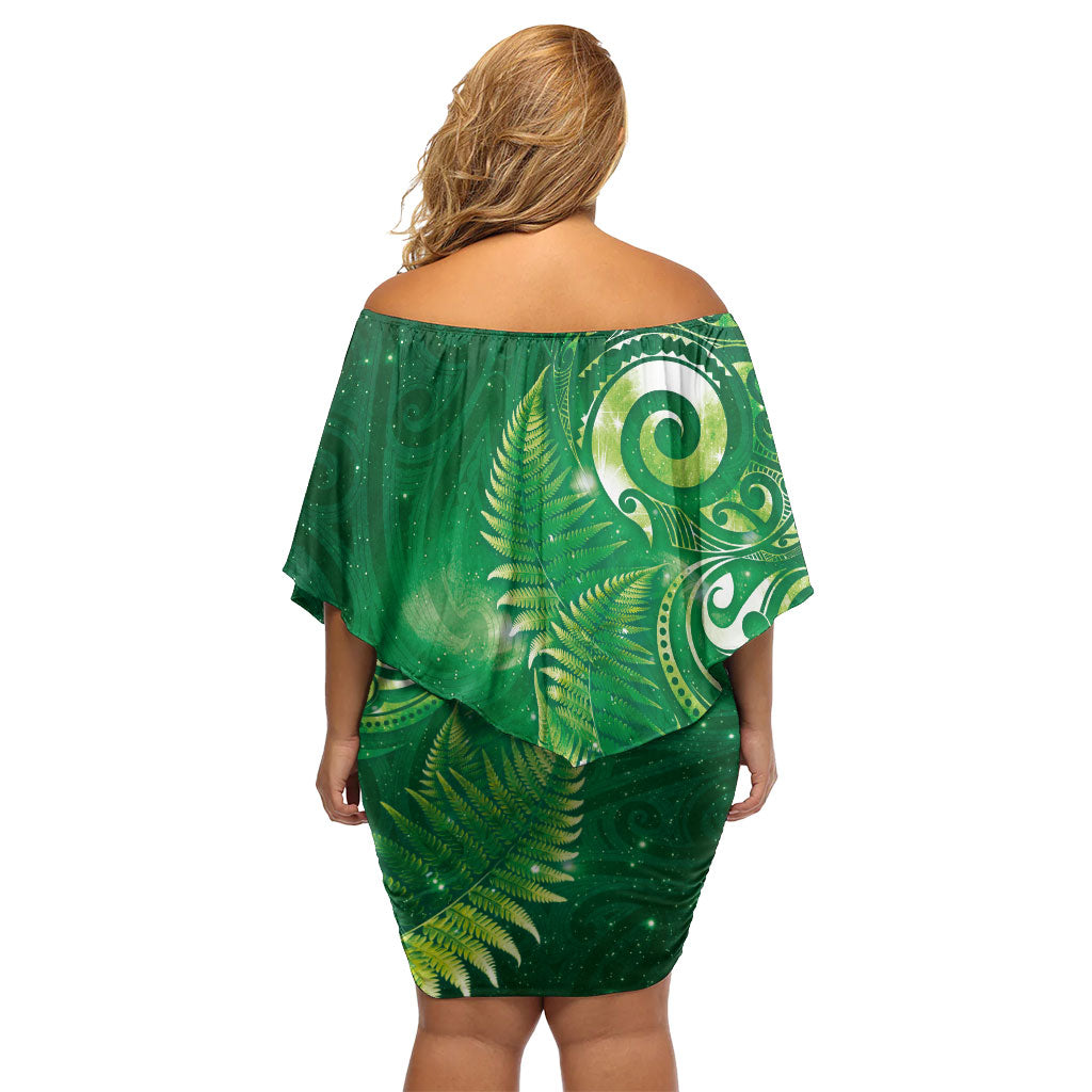 Aotearoa New Zealand New Year Family Matching Off Shoulder Short Dress and Hawaiian Shirt Tribal Koru Tattoo Green Galaxy Maori Silver Fern LT03 - Polynesian Pride