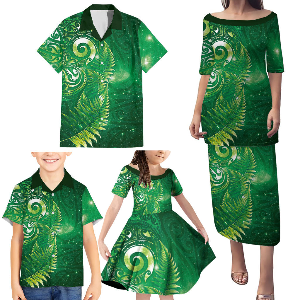 Aotearoa New Zealand New Year Family Matching Puletasi and Hawaiian Shirt Tribal Koru Tattoo Green Galaxy Maori Silver Fern LT03 - Polynesian Pride