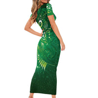Aotearoa New Zealand New Year Family Matching Short Sleeve Bodycon Dress and Hawaiian Shirt Tribal Koru Tattoo Green Galaxy Maori Silver Fern LT03 - Polynesian Pride