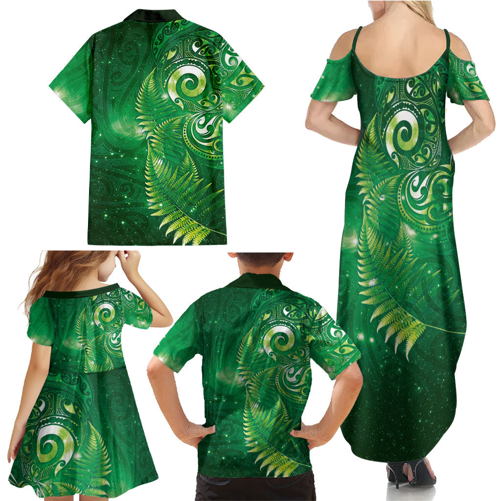 Aotearoa New Zealand New Year Family Matching Summer Maxi Dress and Hawaiian Shirt Tribal Koru Tattoo Green Galaxy Maori Silver Fern LT03 - Polynesian Pride