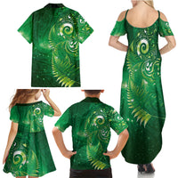 Aotearoa New Zealand New Year Family Matching Summer Maxi Dress and Hawaiian Shirt Tribal Koru Tattoo Green Galaxy Maori Silver Fern LT03 - Polynesian Pride