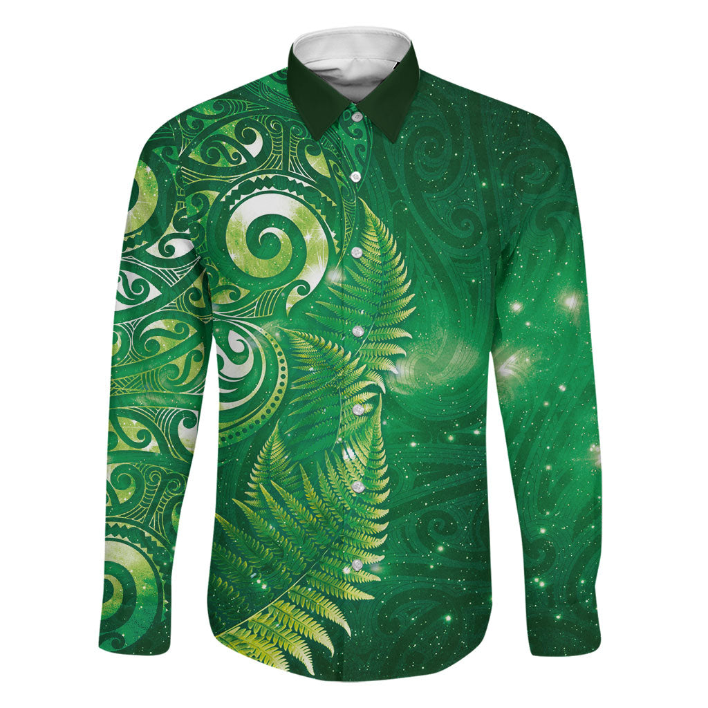 Aotearoa New Zealand New Year Family Matching Summer Maxi Dress and Hawaiian Shirt Tribal Koru Tattoo Green Galaxy Maori Silver Fern LT03 Dad's Shirt - Long Sleeve Green - Polynesian Pride
