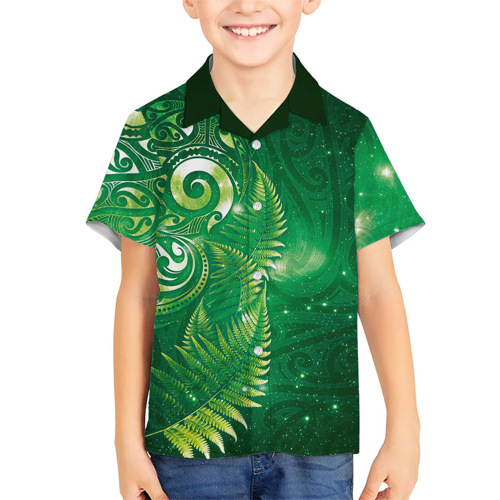 Aotearoa New Zealand New Year Family Matching Summer Maxi Dress and Hawaiian Shirt Tribal Koru Tattoo Green Galaxy Maori Silver Fern LT03 Son's Shirt Green - Polynesian Pride