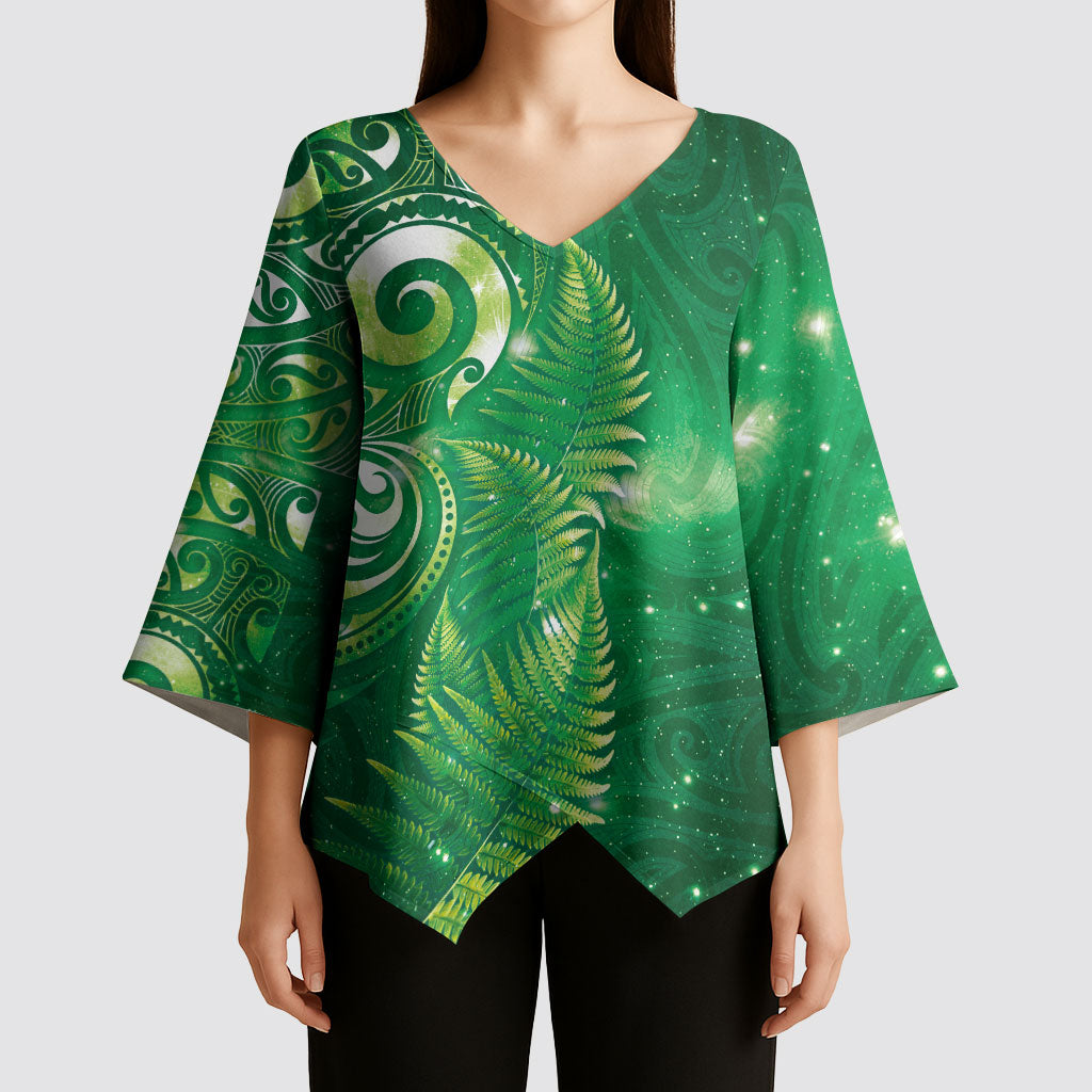 Aotearoa New Zealand New Year Kimono Sleeve Blouse Tribal Koru Tattoo Green Galaxy Maori Silver Fern