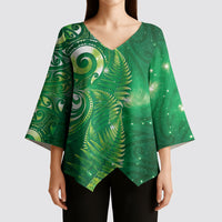Aotearoa New Zealand New Year Kimono Sleeve Blouse Tribal Koru Tattoo Green Galaxy Maori Silver Fern