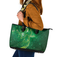 Aotearoa New Zealand New Year Leather Tote Bag Tribal Koru Tattoo Green Galaxy Maori Silver Fern