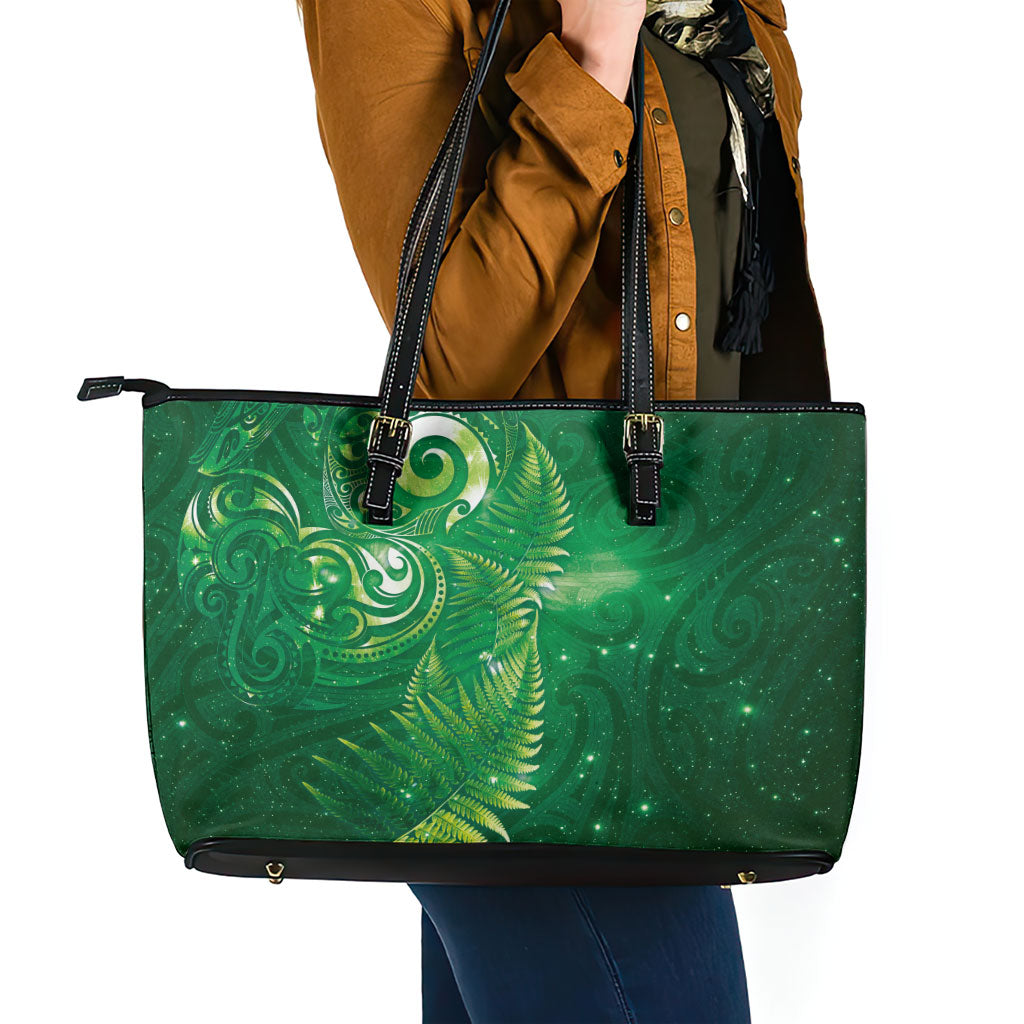 Aotearoa New Zealand New Year Leather Tote Bag Tribal Koru Tattoo Green Galaxy Maori Silver Fern