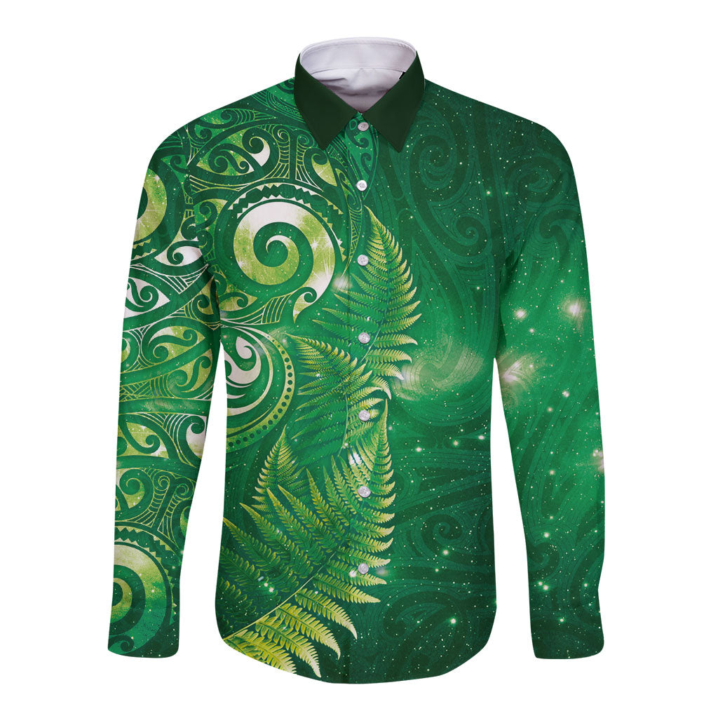 Aotearoa New Zealand New Year Long Sleeve Button Shirt Tribal Koru Tattoo Green Galaxy Maori Silver Fern