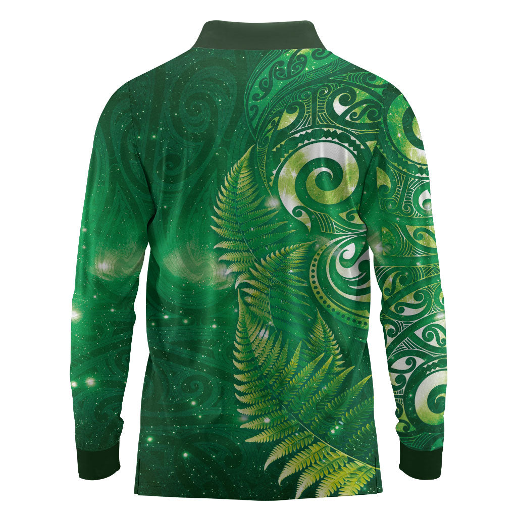 Aotearoa New Zealand New Year Long Sleeve Polo Shirt Tribal Koru Tattoo Green Galaxy Maori Silver Fern LT03 - Polynesian Pride