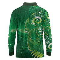 Aotearoa New Zealand New Year Long Sleeve Polo Shirt Tribal Koru Tattoo Green Galaxy Maori Silver Fern LT03 - Polynesian Pride