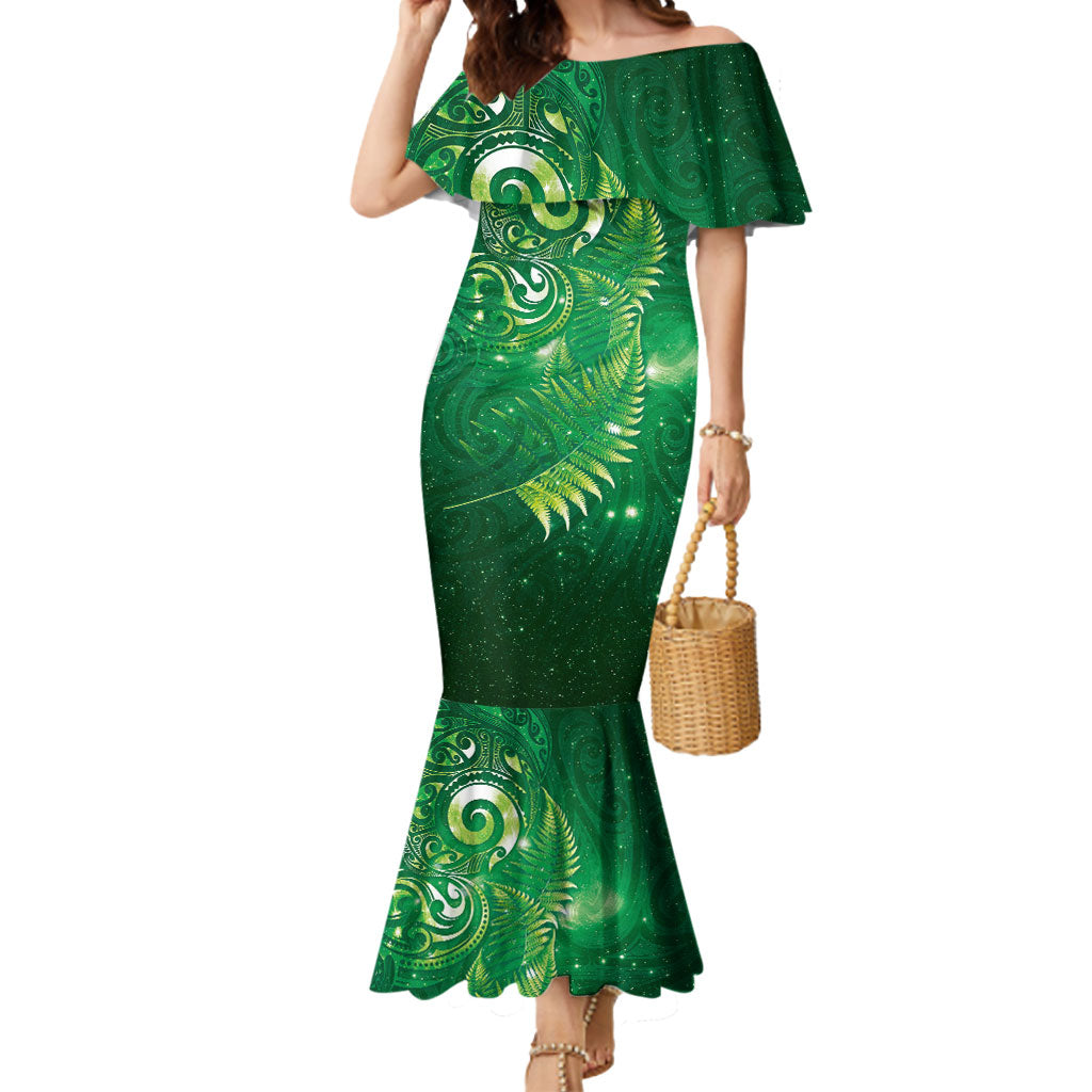 Aotearoa New Zealand New Year Mermaid Dress Tribal Koru Tattoo Green Galaxy Maori Silver Fern