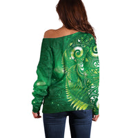 Aotearoa New Zealand New Year Off Shoulder Sweater Tribal Koru Tattoo Green Galaxy Maori Silver Fern