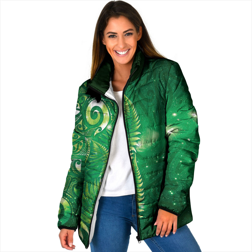 Aotearoa New Zealand New Year Padded Jacket Tribal Koru Tattoo Green Galaxy Maori Silver Fern LT03 Women Green - Polynesian Pride
