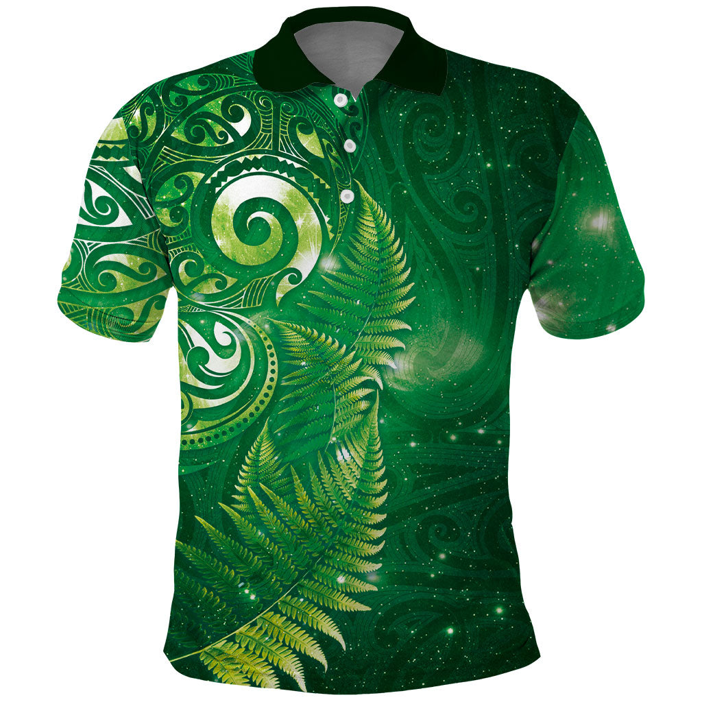Aotearoa New Zealand New Year Polo Shirt Tribal Koru Tattoo Green Galaxy Maori Silver Fern LT03 Green - Polynesian Pride