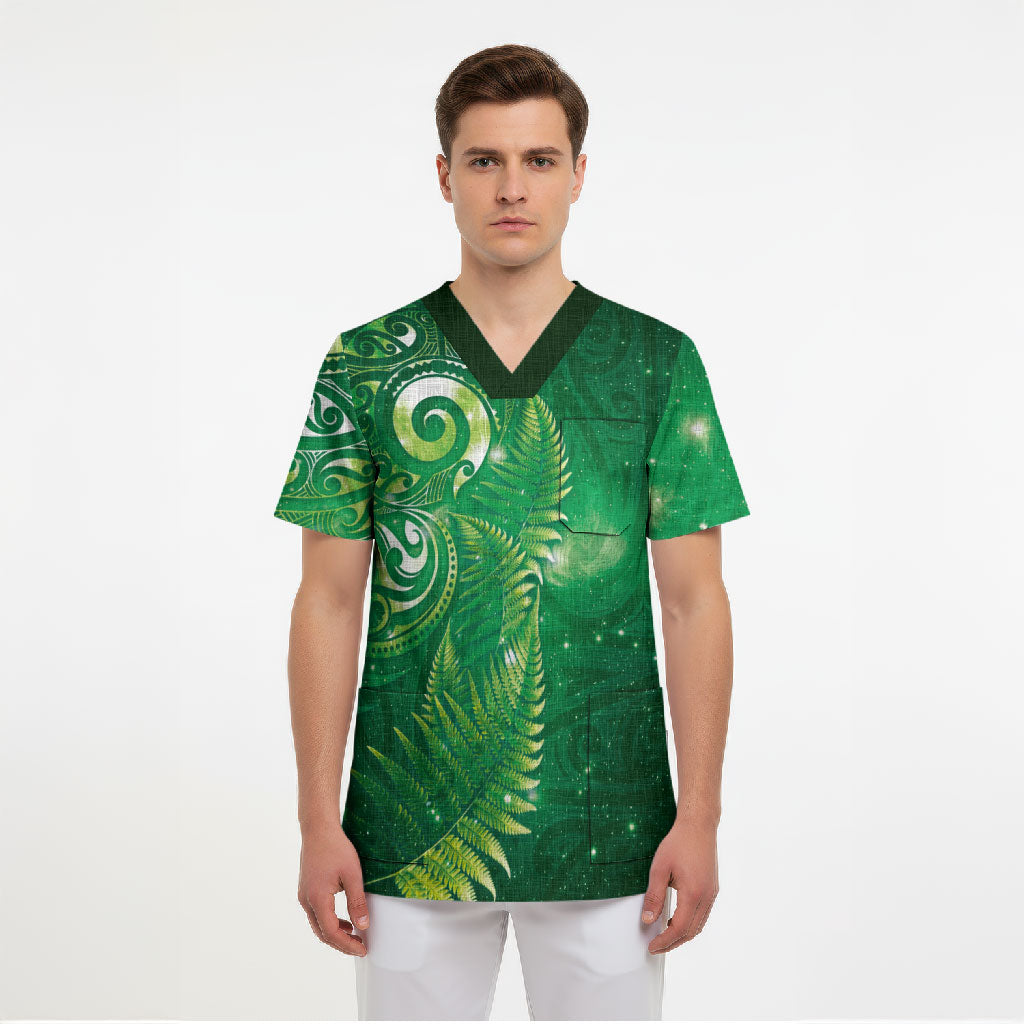 Aotearoa New Zealand New Year Scrub Top Tribal Koru Tattoo Green Galaxy Maori Silver Fern LT03 - Polynesian Pride