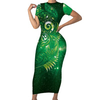Aotearoa New Zealand New Year Short Sleeve Bodycon Dress Tribal Koru Tattoo Green Galaxy Maori Silver Fern LT03 Long Dress Green - Polynesian Pride