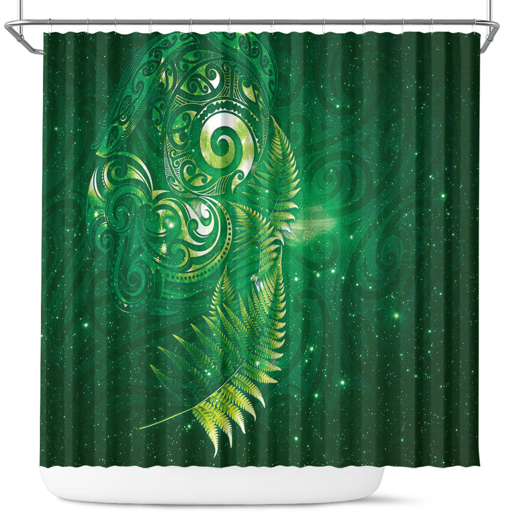 Aotearoa New Zealand New Year Shower Curtain Tribal Koru Tattoo Green Galaxy Maori Silver Fern