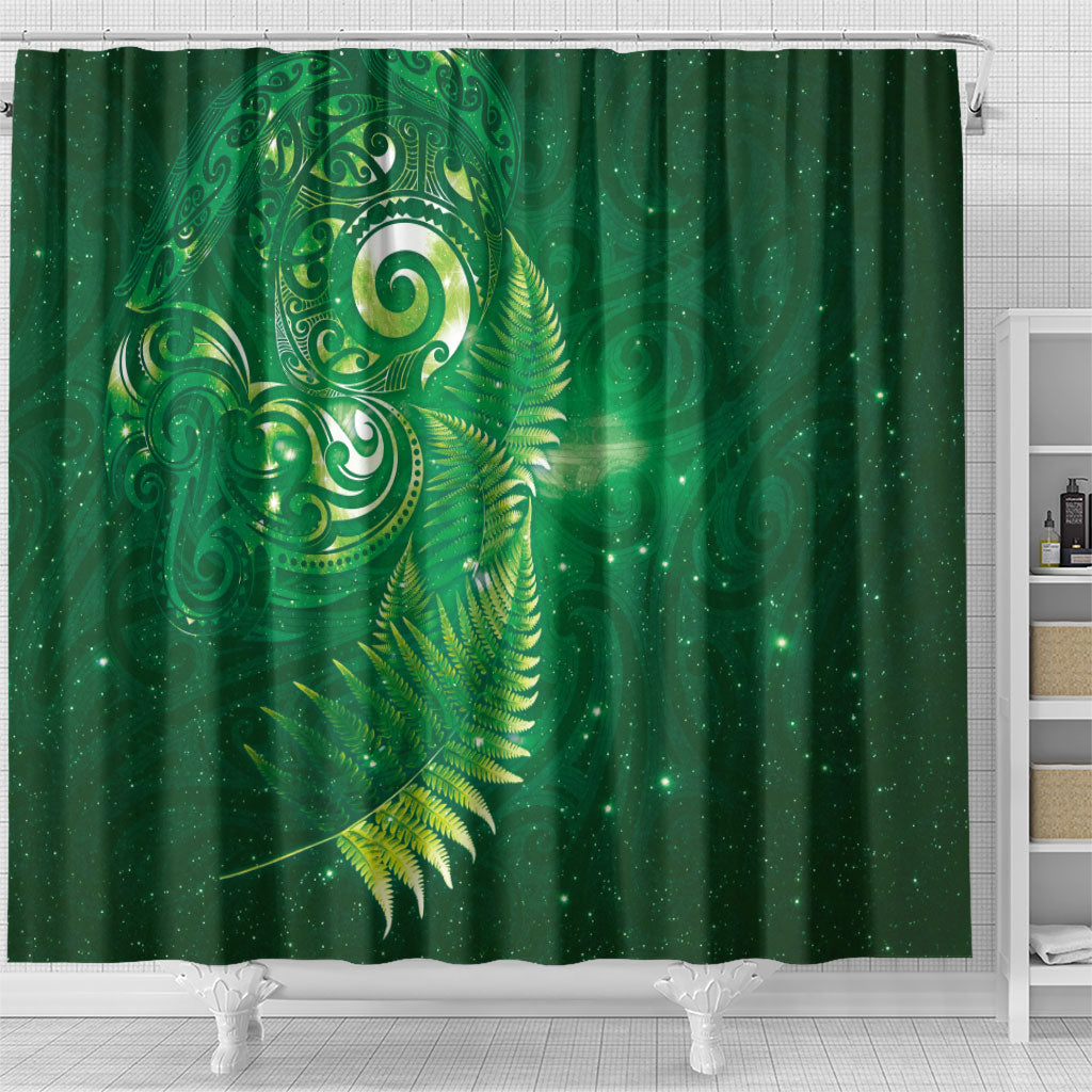 Aotearoa New Zealand New Year Shower Curtain Tribal Koru Tattoo Green Galaxy Maori Silver Fern