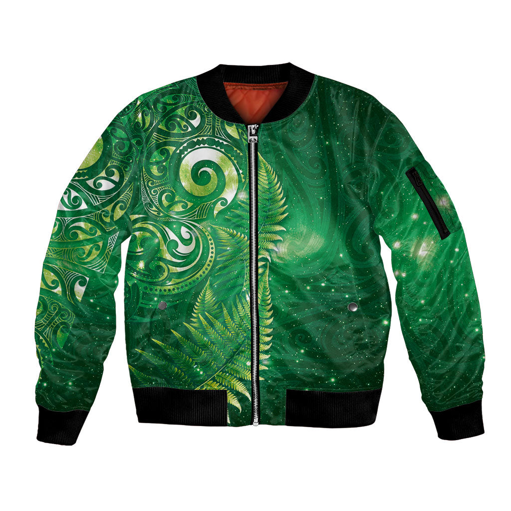 Aotearoa New Zealand New Year Sleeve Zip Bomber Jacket Tribal Koru Tattoo Green Galaxy Maori Silver Fern LT03 Unisex Green - Polynesian Pride