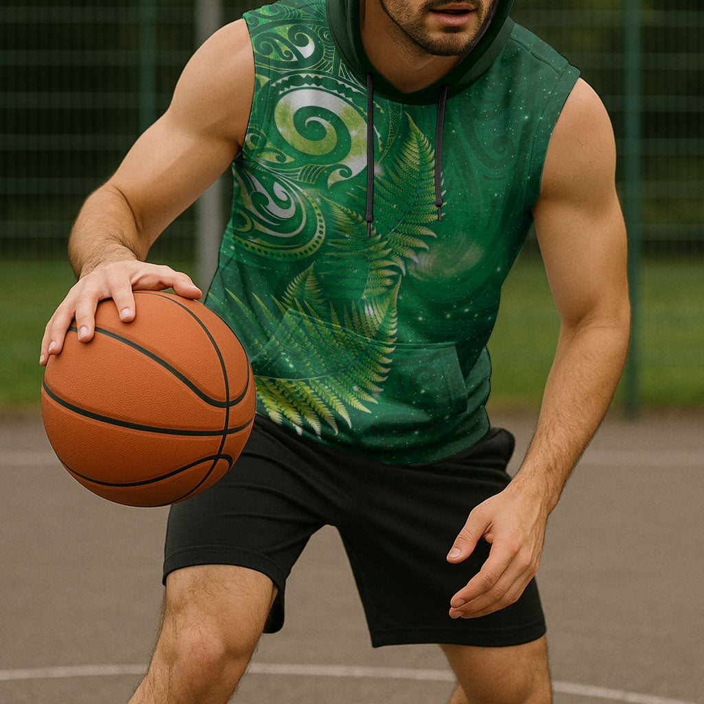 Aotearoa New Zealand New Year Sleeveless Hoodie Tribal Koru Tattoo Green Galaxy Maori Silver Fern LT03 - Polynesian Pride