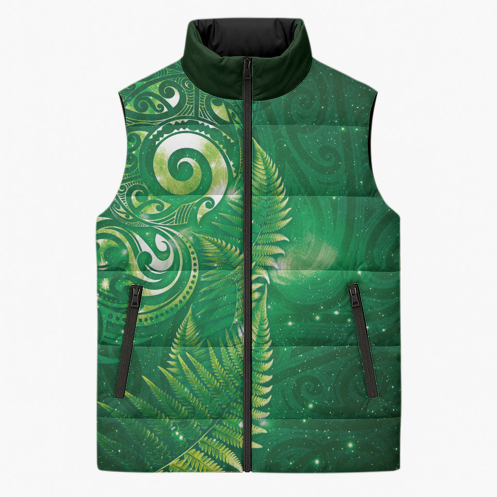 Aotearoa New Zealand New Year Sleeveless Puffer Jacket Tribal Koru Tattoo Green Galaxy Maori Silver Fern