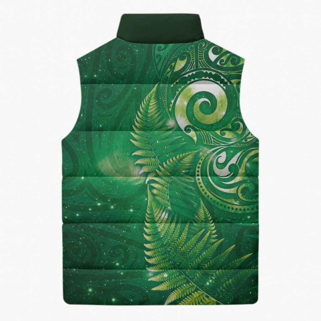 Aotearoa New Zealand New Year Sleeveless Puffer Jacket Tribal Koru Tattoo Green Galaxy Maori Silver Fern