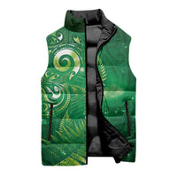 Aotearoa New Zealand New Year Sleeveless Puffer Jacket Tribal Koru Tattoo Green Galaxy Maori Silver Fern