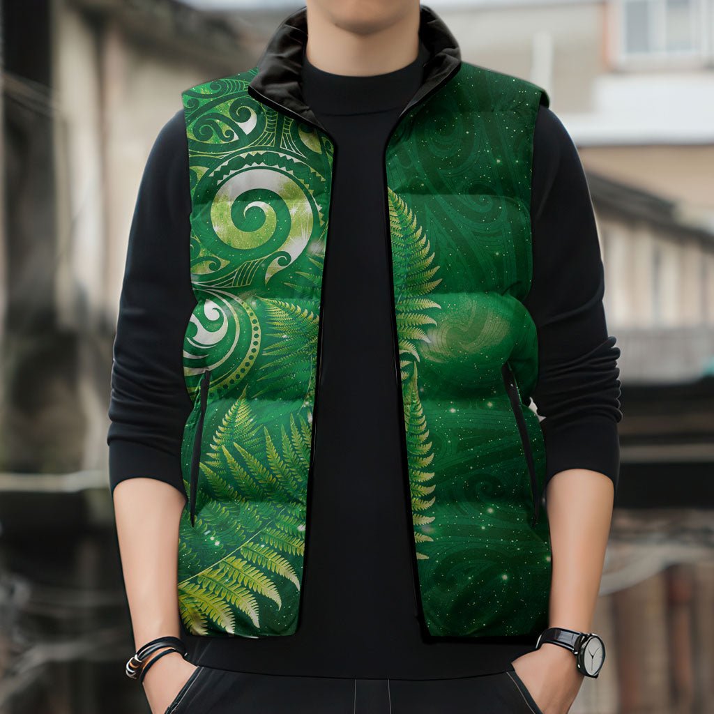 Aotearoa New Zealand New Year Sleeveless Puffer Jacket Tribal Koru Tattoo Green Galaxy Maori Silver Fern