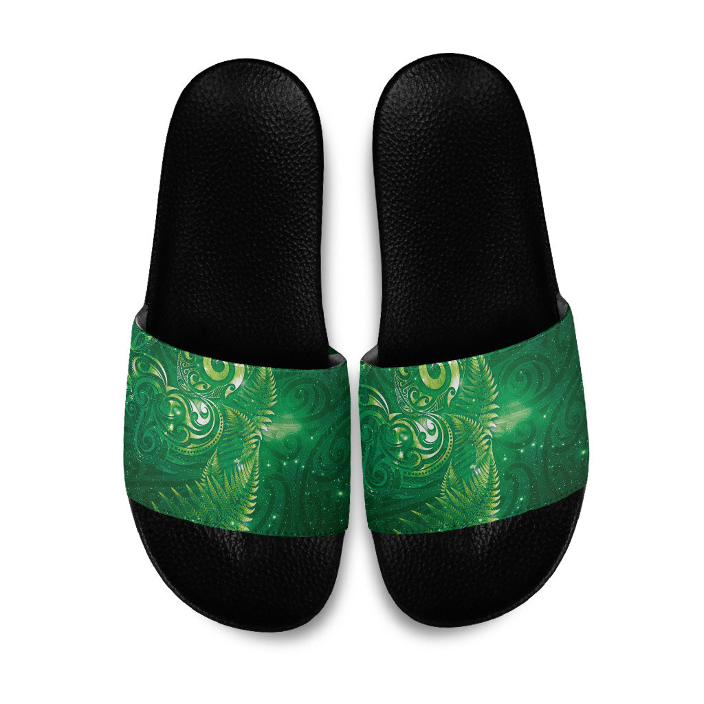 Aotearoa New Zealand New Year Slide Sandals Tribal Koru Tattoo Green Galaxy Maori Silver Fern