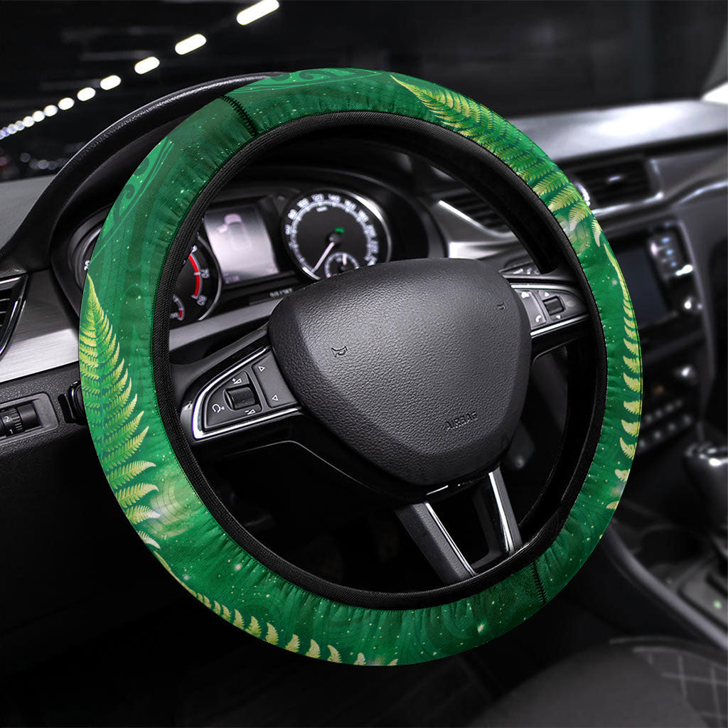 Aotearoa New Zealand New Year Steering Wheel Cover Tribal Koru Tattoo Green Galaxy Maori Silver Fern